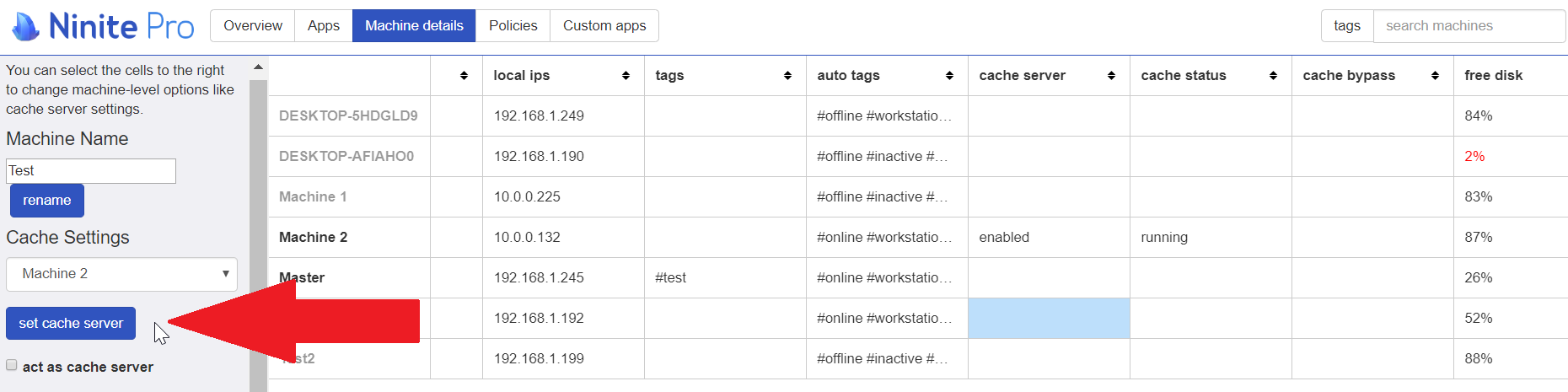 Screenshot of setting cache server